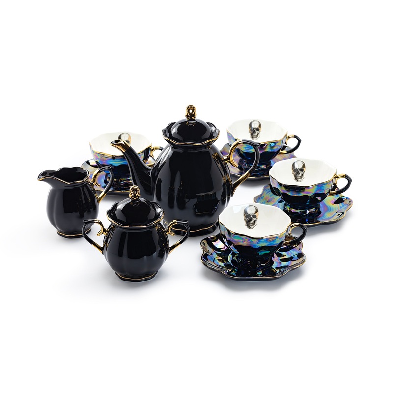 Black Gold Teapot + Sugar Creamer + 4 Skull Black Gold Luster Tea Cup and Saucer Sets
