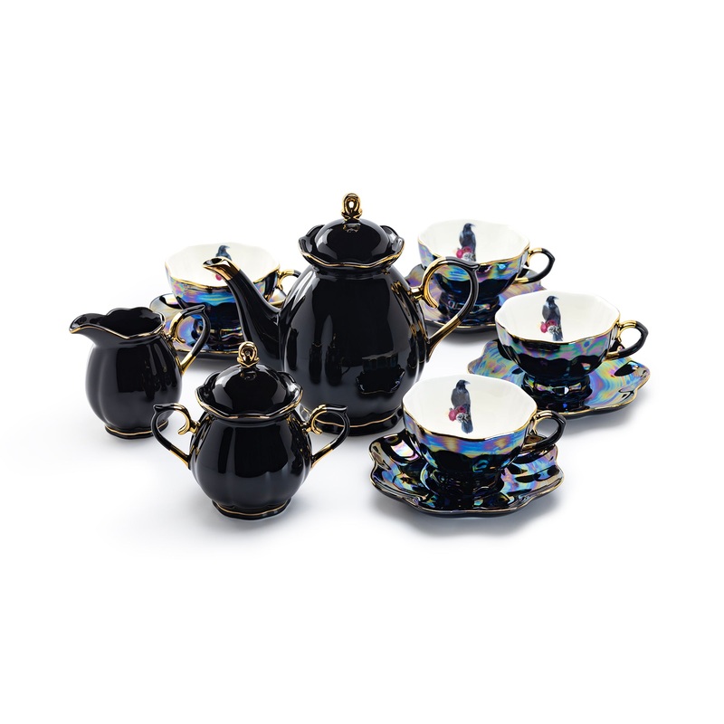 Black Gold Teapot + Sugar Creamer + 4 Crow with Red Roses Black Gold Luster Tea Cup and Saucer Sets