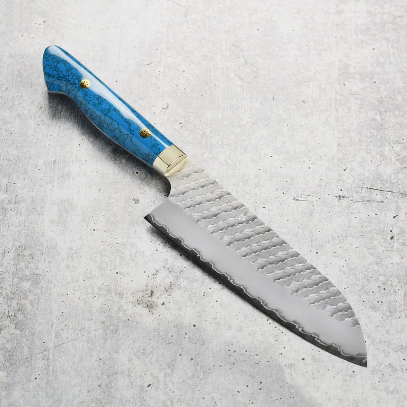 Nigara SG2 Migaki Tsuchime 7″ Santoku, Blue Turquoise