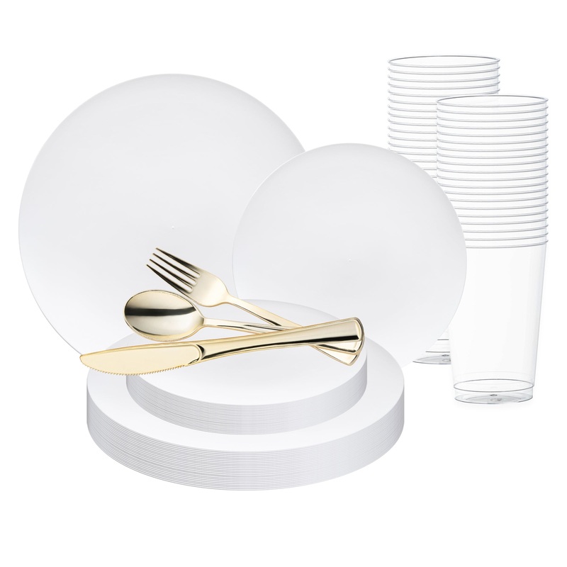Solid White Organic Round Disposable Plastic Wedding Value Set