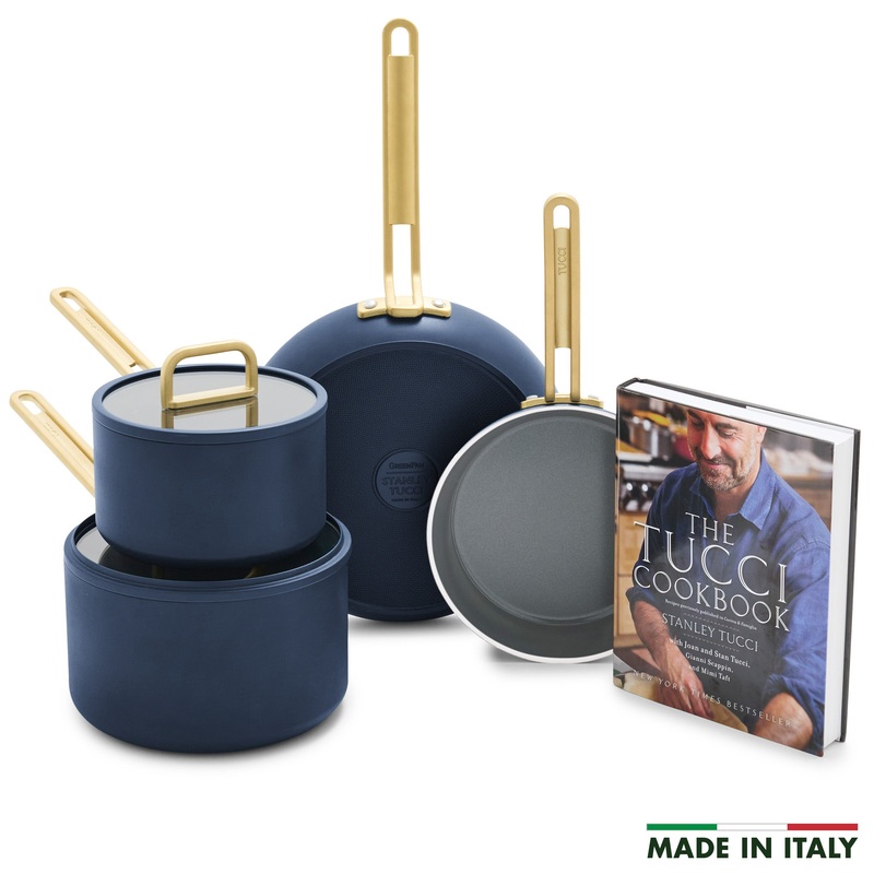 Stanley Tucci Ceramic Nonstick 6-Piece Cookware Set with the Tucci Cookbook | Marino Blue