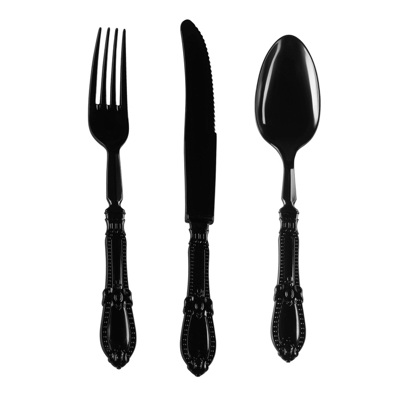 Black Baroque Disposable Plastic Cutlery Set – 20 Spoons, 20 Forks and 20 Knives