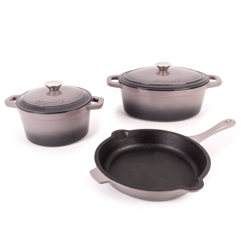 BergHOFF Neo 5pc Cast Iron Dutch Oven Set with 10″ Fry Pan, 3qt. & 5qt., Oyster