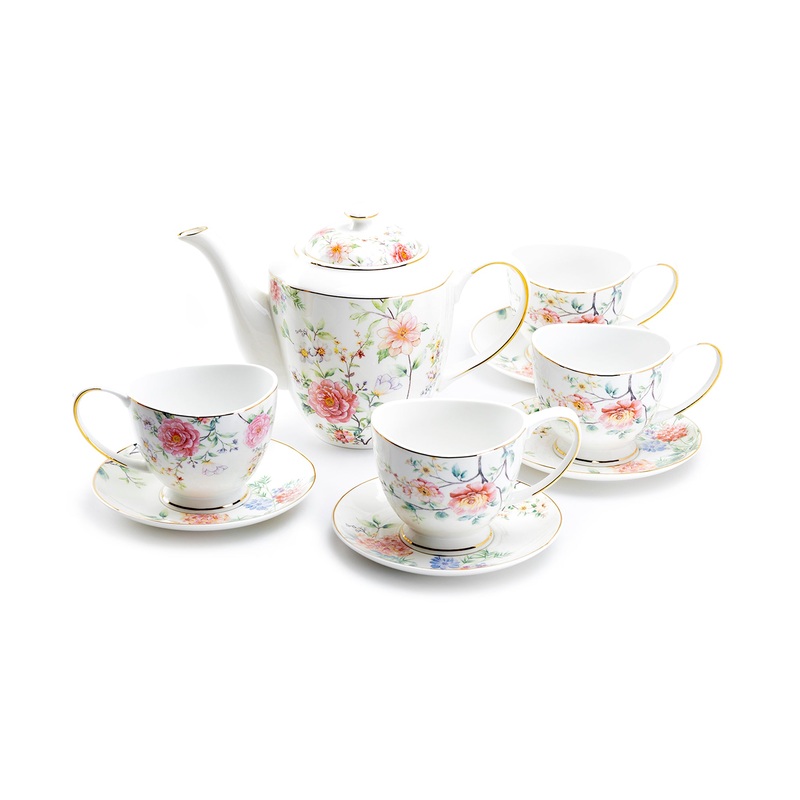 Pink Camellia Fine Porcelain Tea Set with 10oz Tea Cups