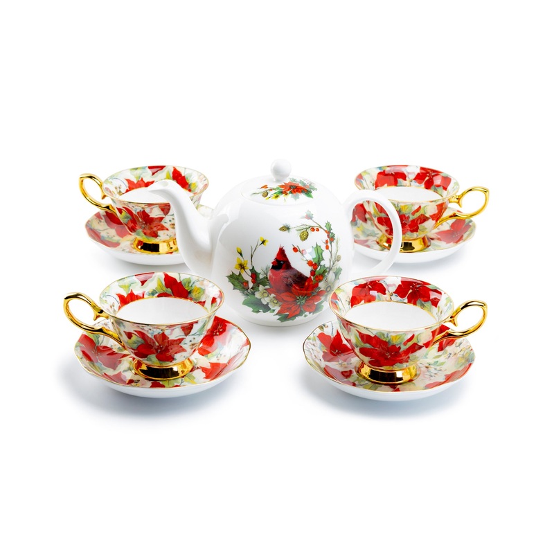 Cardinal Poinsettia Gold Bone China Tea Set