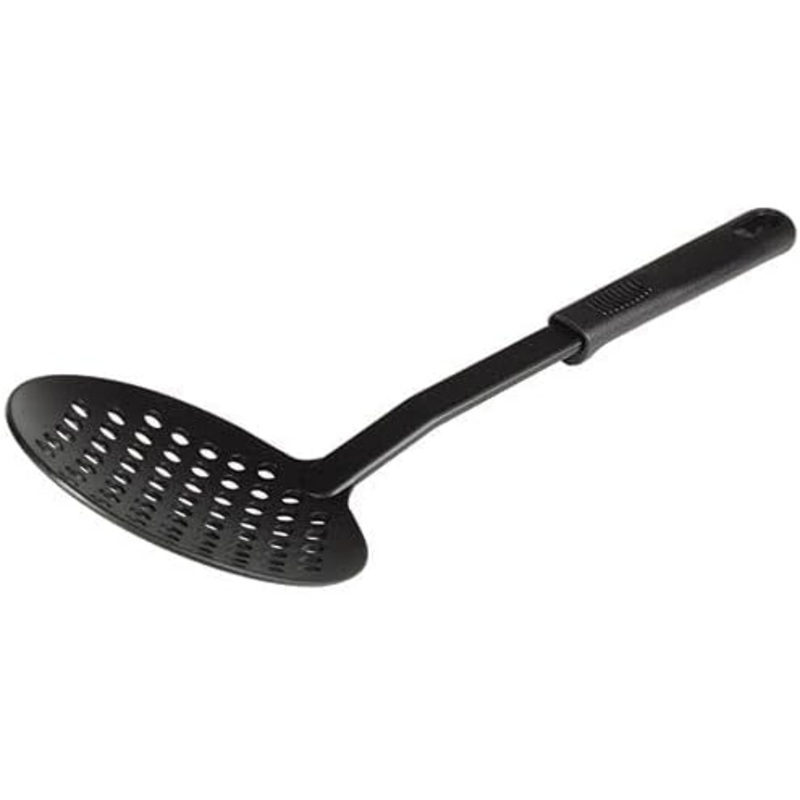 12 1/2 Cooking Skimmer High-Heat Nylon & Polypropylene Handle Black Color- Heat Resistant up to 410F Cooking Skimmer Strainer Spoon Skimmer Spoon with Holes for Draining Frying