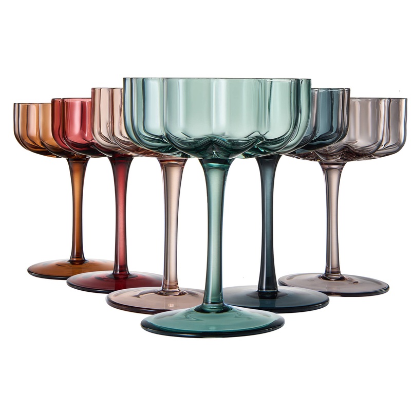 Flower Vintage Wavy Petals Glass Coupe 7oz, Assorted Colors (Muted)