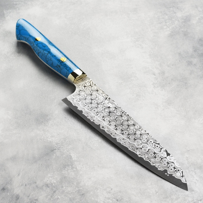 Nigara Anmon SG2 Damascus 8.25″ Gyuto, Blue Turquoise
