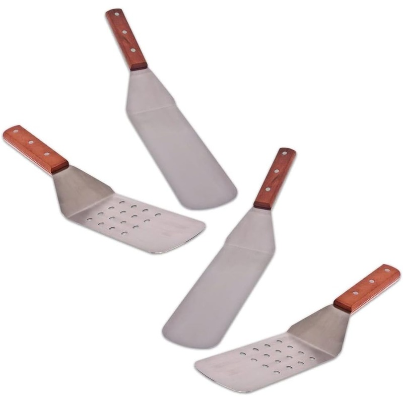 4 Piece Combo 14.5″ Grill Turner BBQ Stainless Steel Spatulas- (2) Perforated Turner and (2) Solid Turner- Griddle Scraper Pancake Flipper Hamburger Turner Outdoor Barbecue Turners