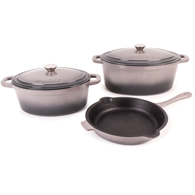 BergHOFF Neo 5pc Cast Iron Oval Dutch Oven Set with 10″ Fry Pan, 5qt. & 8qt., Oyster