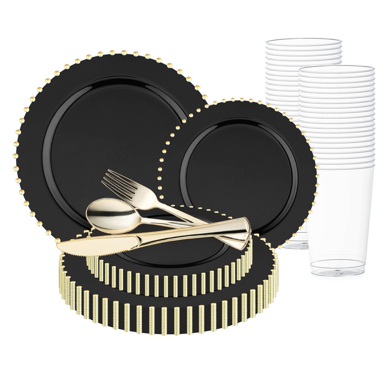 Black with Gold Pearl String Round Disposable Plastic Wedding Value Set