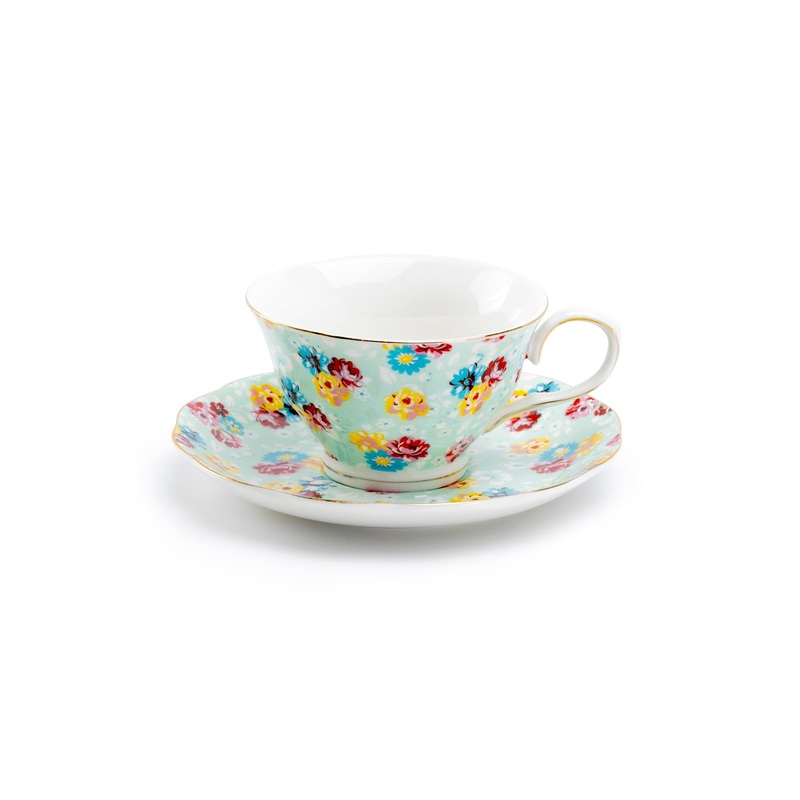 Blue Shabby Rose Fine Porcelain Tea Cup and Saucer
