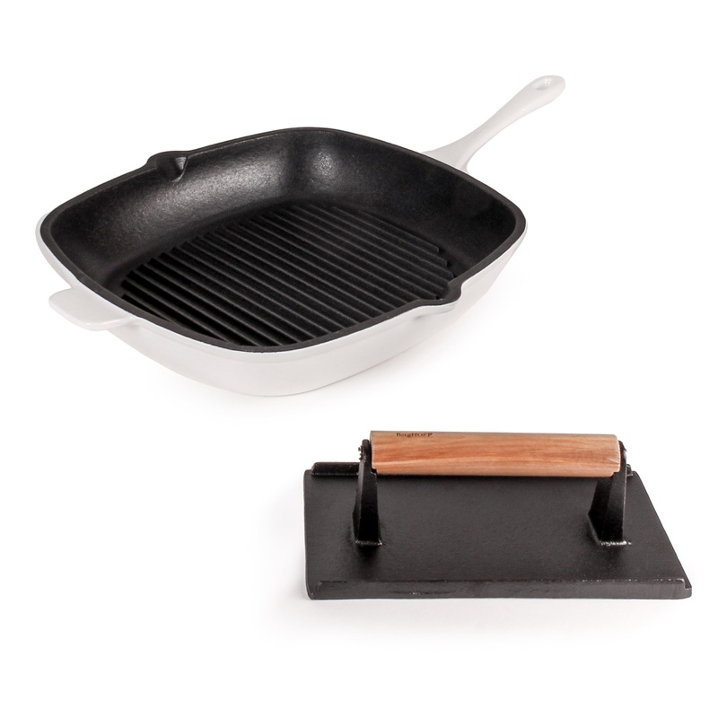 BergHOFF Neo 2pc Cast Iron 11″ Grill Pan with Steak Press, White