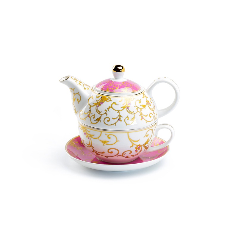 Pink Gold Scroll Fine Porcelain Tea For One Set