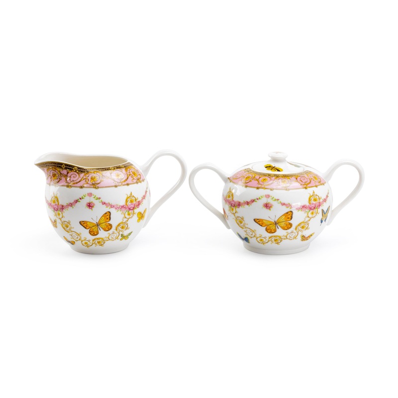Butterflies with Pink Ornament Fine Porcelain Sugar & Creamer Set
