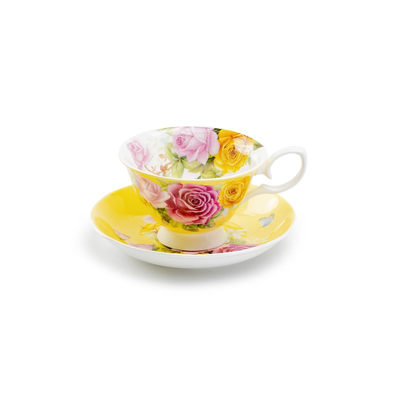 Rose Bouquet Yellow Bone China Tea Cup and Saucer