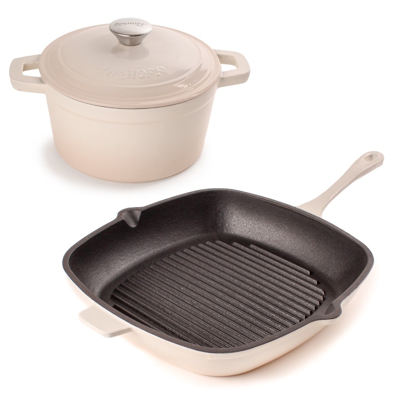 BergHOFF Neo 3pc Cast Iron Cookware Set, Grill Pan & Round Dutch Oven, Meringue