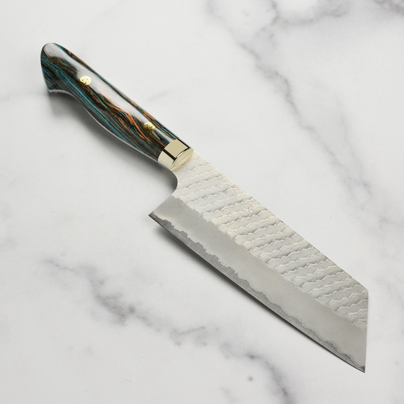 Nigara SG2 Migaki Tsuchime 7″ Kiritsuke Nakiri, Striped Turquoise