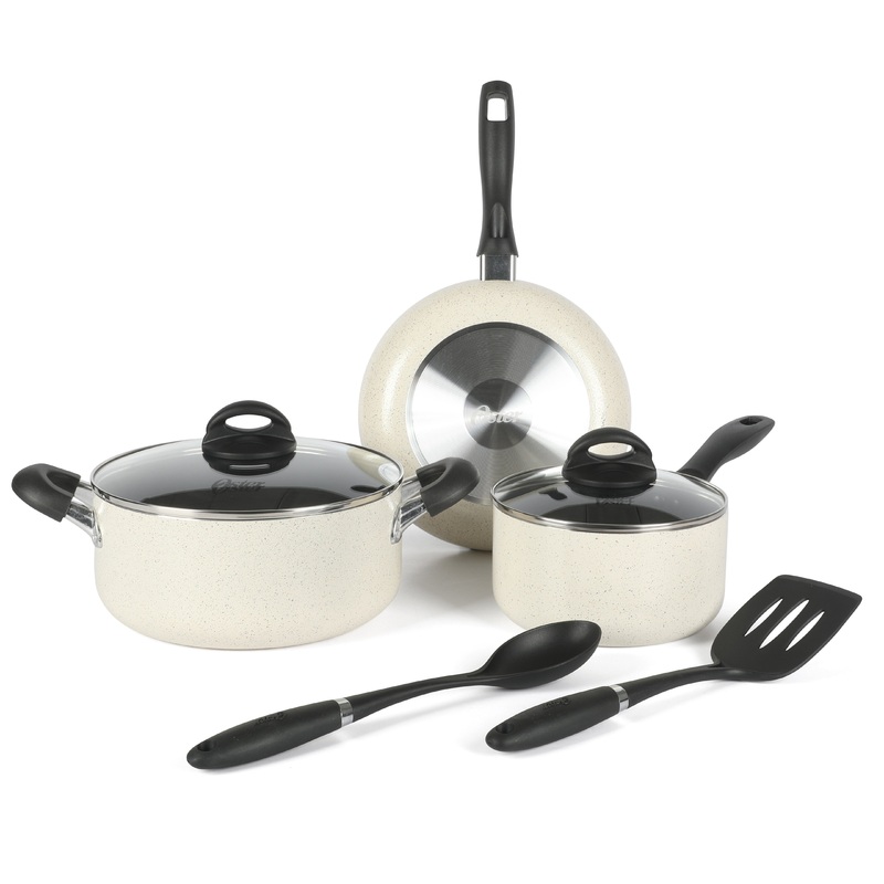 Oster Clairborne 7-Piece Aluminum Premium Nonstick Pots and Pans Cookware Set w/ Induction & Bakelite Stay Cool Handle – White w/ Speckle