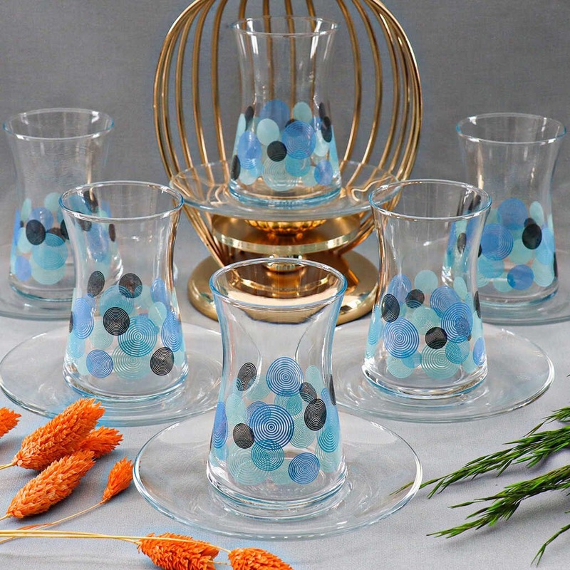 Pasabahce Hareli Turkish Teacups and Plates, 12 Pcs, 5.4 Oz (160 cc)
