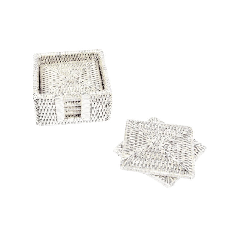Rattan Square Coaster and Holder Set, Cream