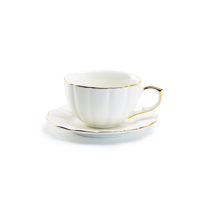 White Gold Scallop Fine Porcelain Tea / Latte Cup and Saucer