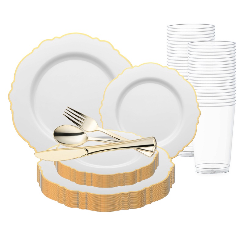White with Gold Rim Round Blossom Disposable Plastic Wedding Value Set