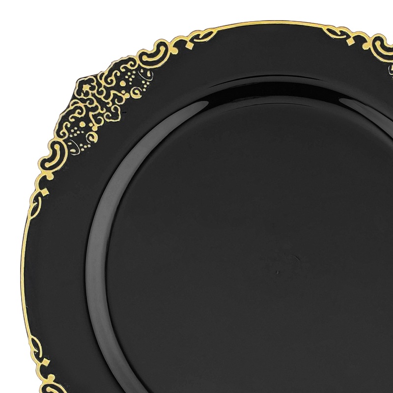 Black with Gold Fancy Round Disposable Plastic Dinner Plates (10.25)