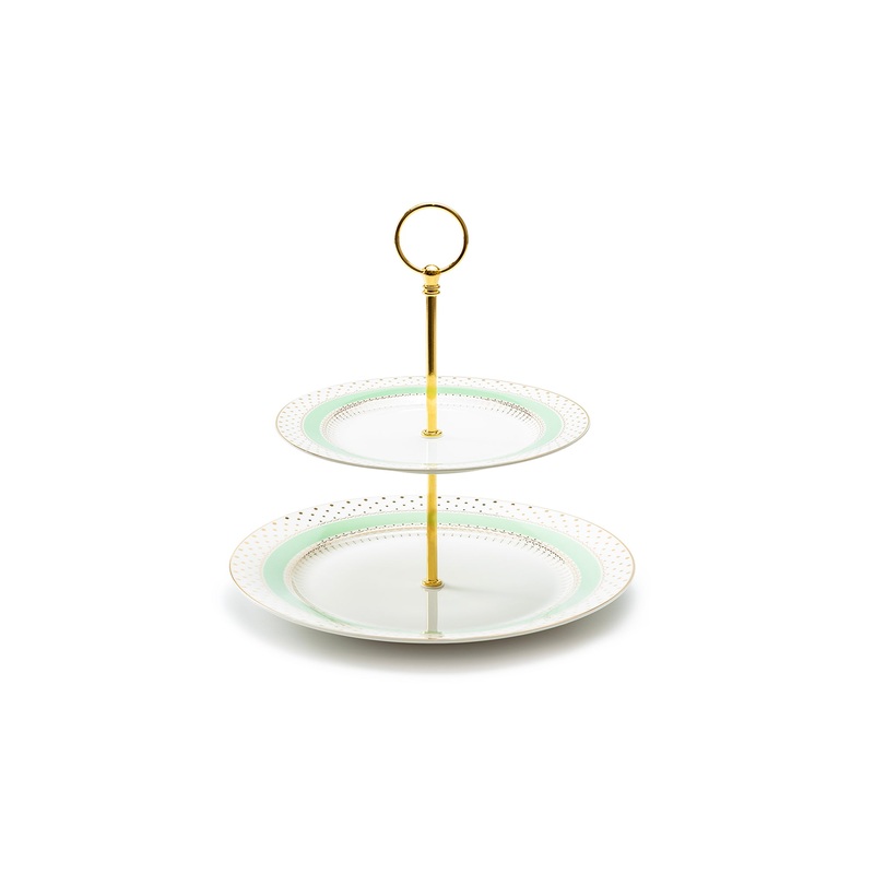 Mint Green Stripe with Gold Dots Fine Porcelain 2-Tier Server