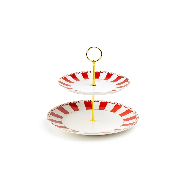 Red Carousel Stripes Fine Porcelain 2-Tier Server