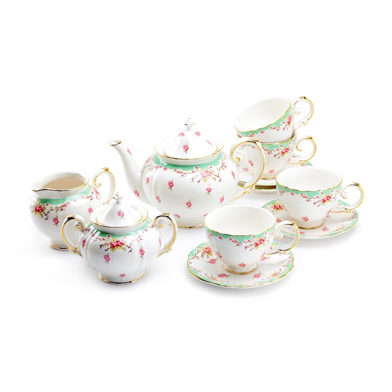 Rose with Green Accent Fine Porcelain 11-Piece Tea Set