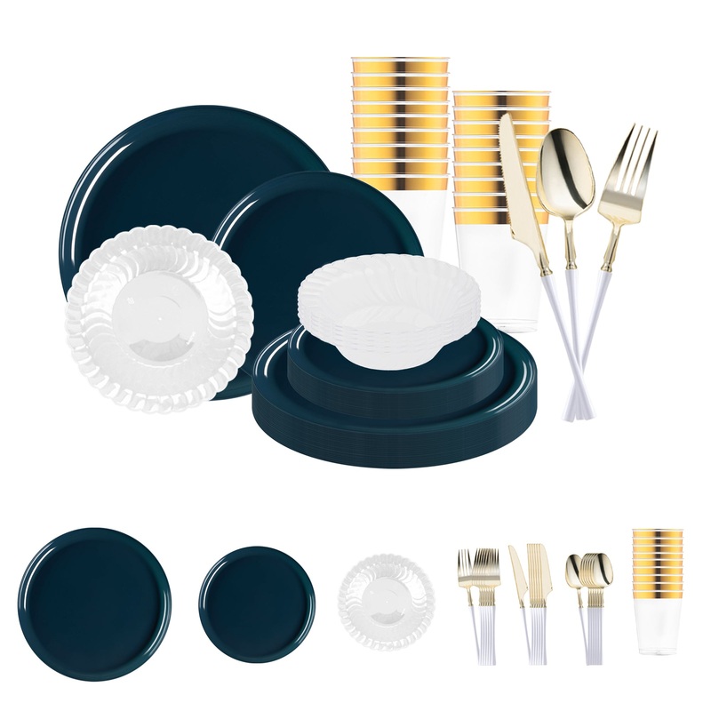 Navy Flat Round Disposable Plastic Tableware Set