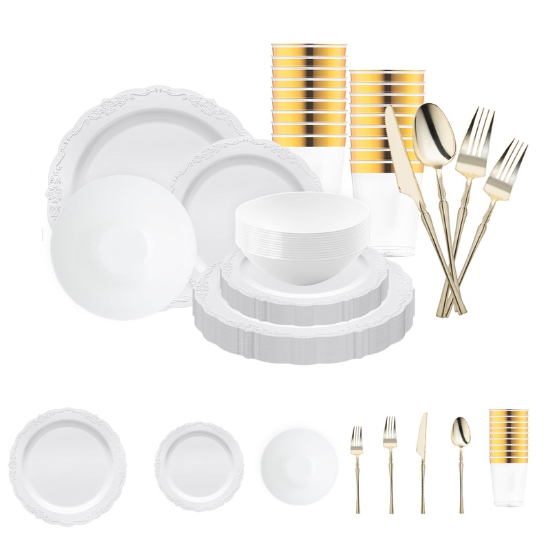 White Vintage Disposable Plastic Tableware Set