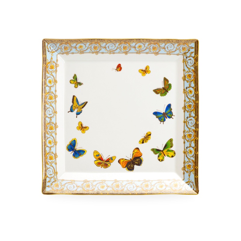 8″ Butterflies with Blue Ornament Fine Porcelain Square Dessert Plate