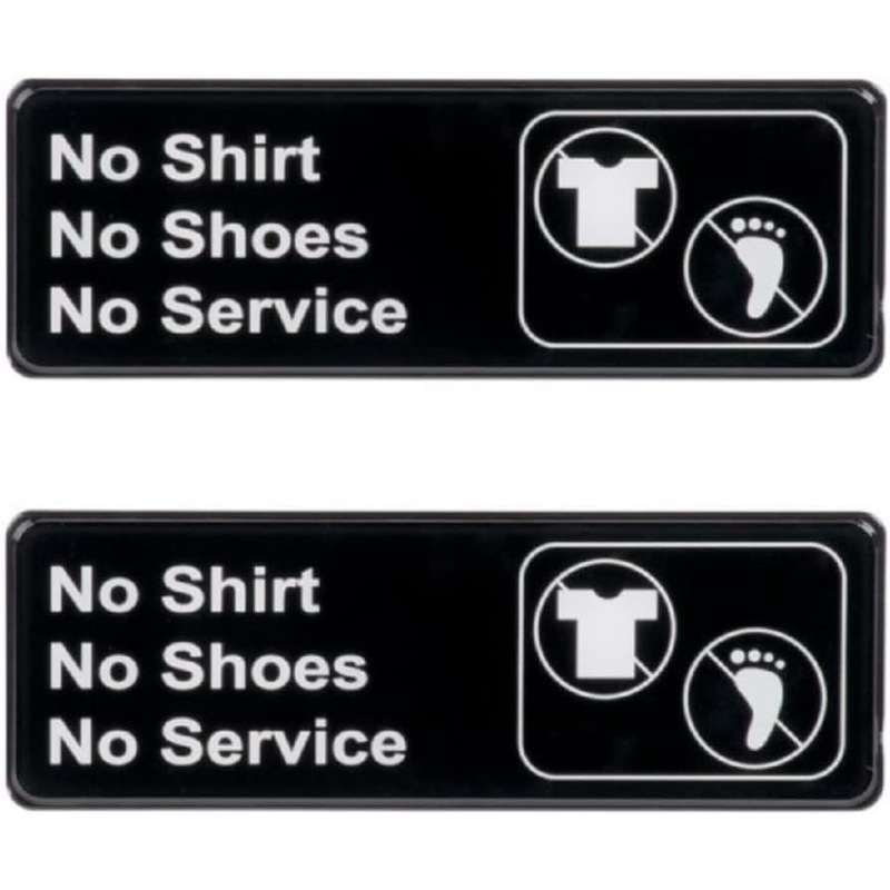 9″ x 3″ No Shirt, No Shoes, No Service Sign with Easy Peel Self-Adhesive White on Black Color Set of 2- Door Sign Waterproof Self Adhesive Store Signs Indoor/Outdoor Warning Marker Home Business Use
