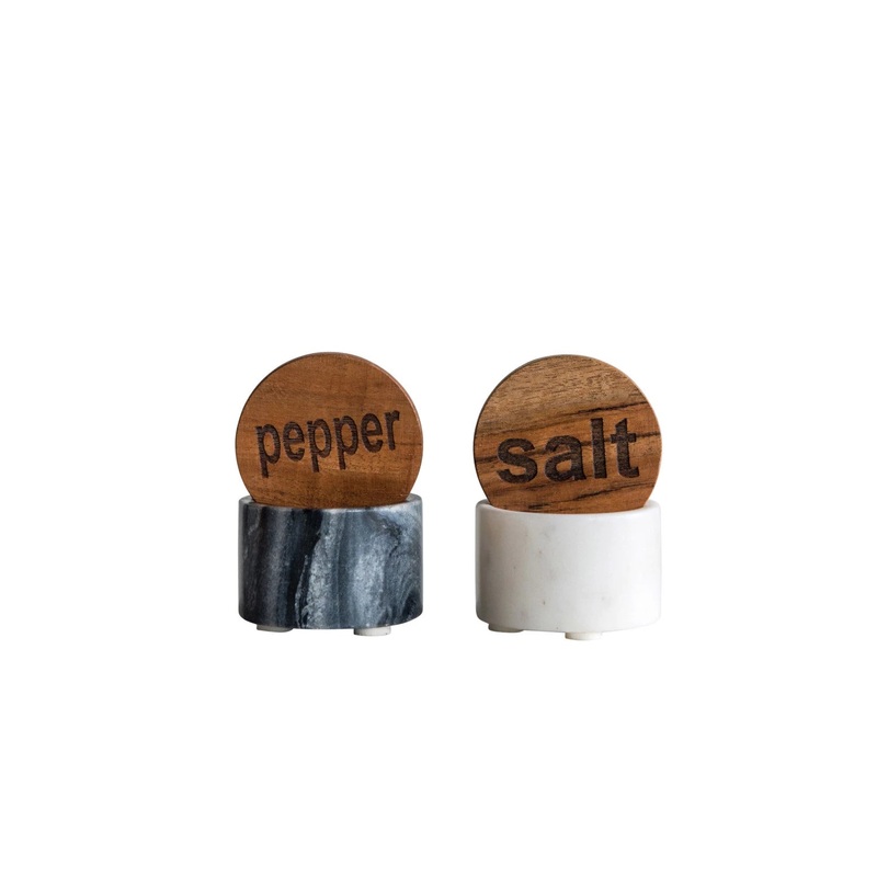 Black & White Marble Salt & Pepper Pinch Pots w/ Wood Lid