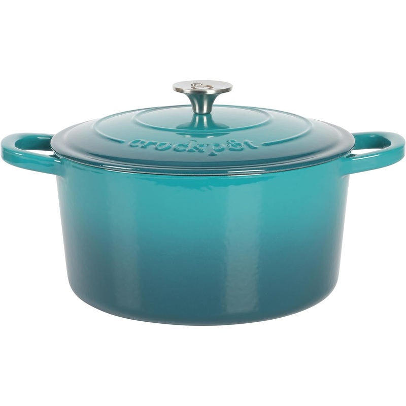 Crock Pot Artisan 6-Quart Round Dutch Oven – Matte Linen White w/Gold Knob, Gradient Red, or Teal Ombre
