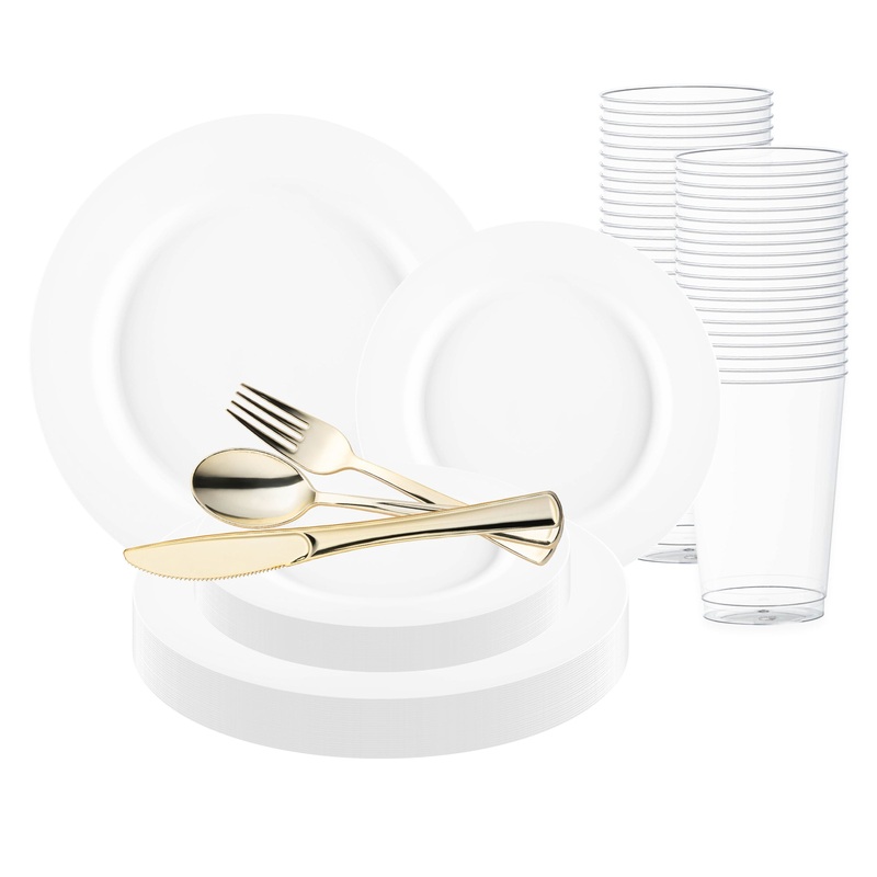 Matte Milk White Round Disposable Plastic Wedding Value Set