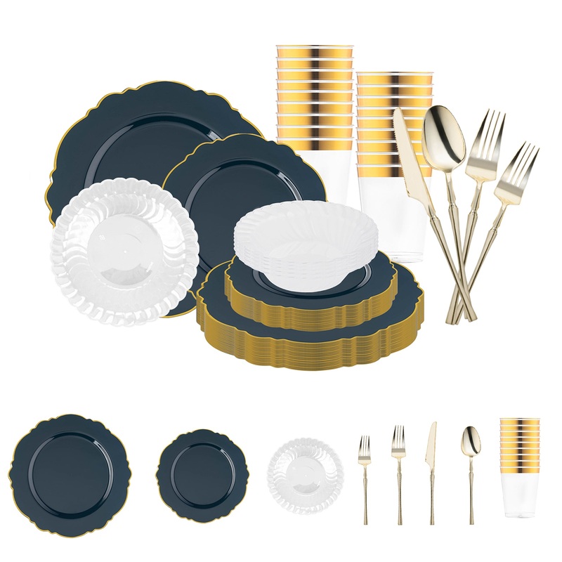 Navy with Gold Blossom Rim Disposable Plastic Tableware Set