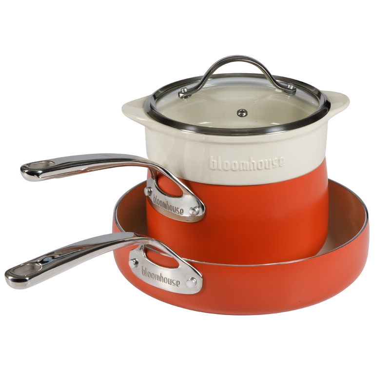 Bloomhouse 4-Piece Heavy-Gauge Aluminum Cookware Set w/Non-Stick Non-Toxic Ceramic Interior and Ceramic Steamer Insert