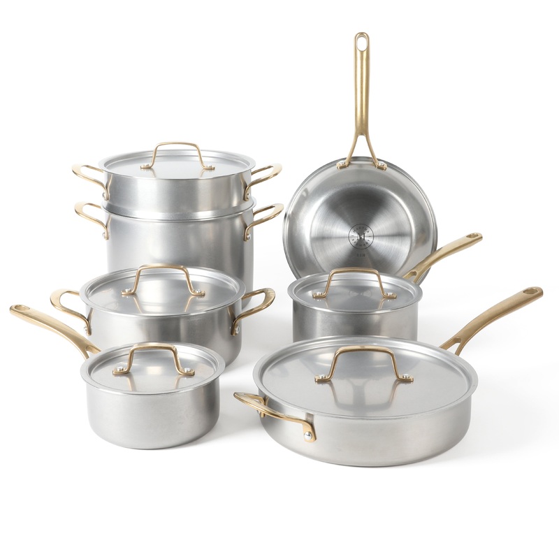 Martha Stewart Vintage 18/8 Tri-ply Stainless Steel 12-Piece Cookware Set w/ Gold Handles