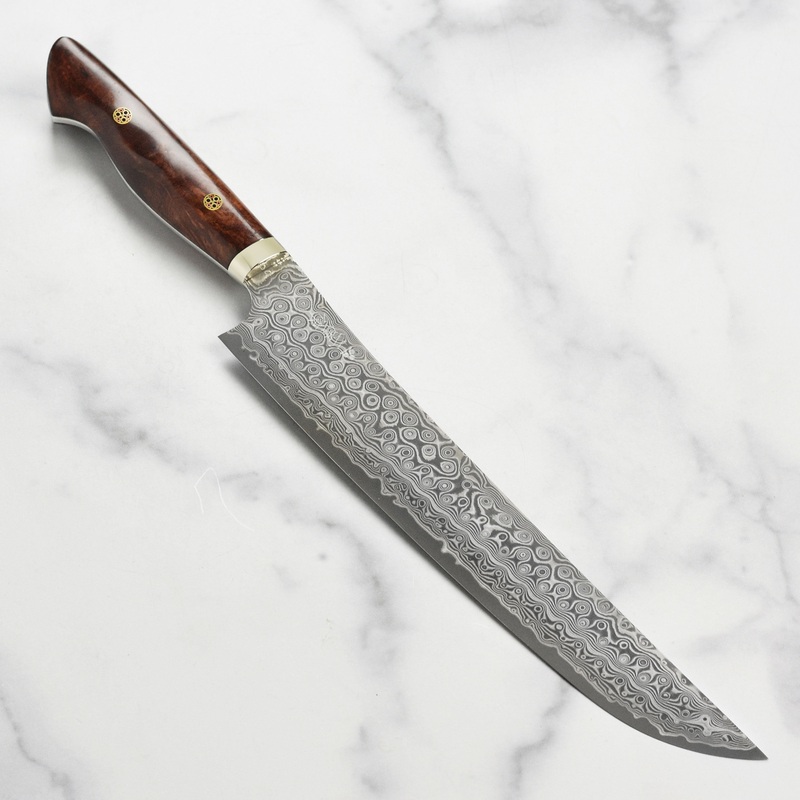 Nigara Anmon SG2 Damascus 10.6″ Sakimaru Sujihiki, Quince Wood