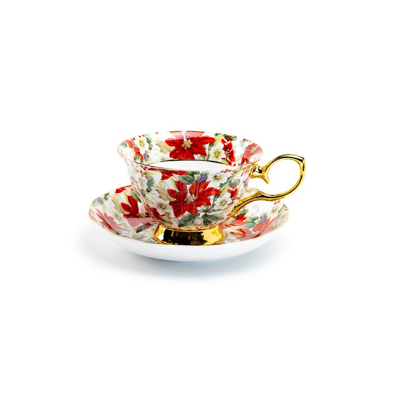 Poinsettia Chintz Gold Bone China Tea Cup and Saucer