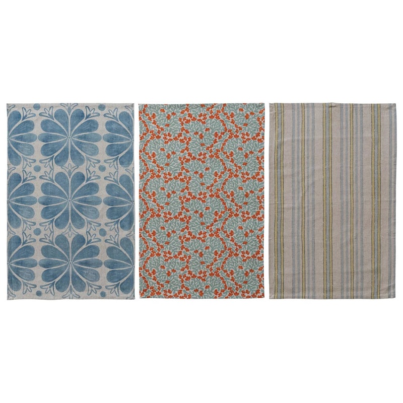 Printed Tea Towel w Stripes/Floral , 3 Styles
