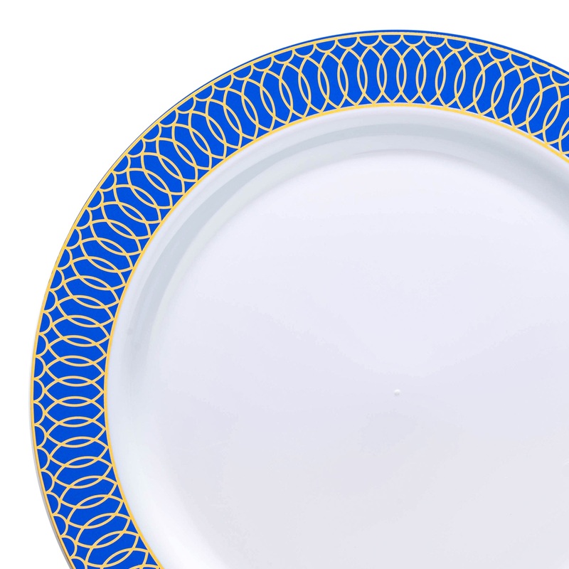 White with Gold Spiral on Blue Rim Plastic Dinner Plates (10.25″)