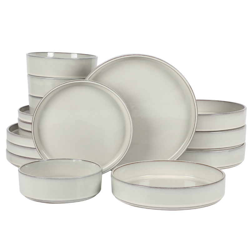 Bloomhouse Santorini Mist 16 Piece Double Bowl Terracotta Reactive Glaze Plates and Bowls Dinnerware Set – Moonstone White, Amber, Garnet Red, or Jade