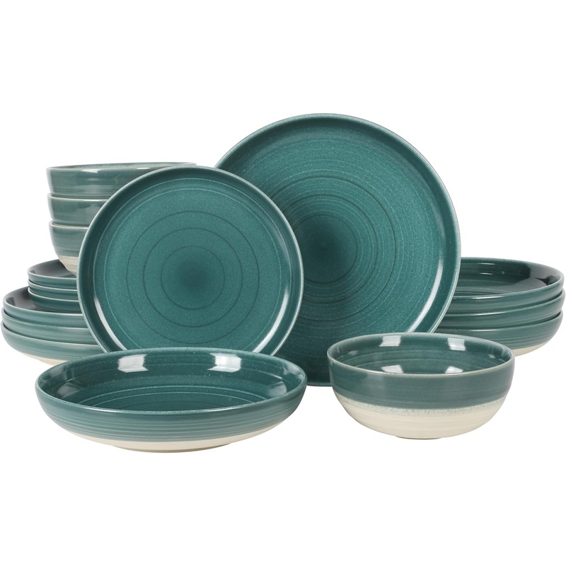 Gibson Elite Clarina 16 Piece Double Bowl Stoneware Reactive Glaze Round Plates and Bowls Dinnerware Set – Teal