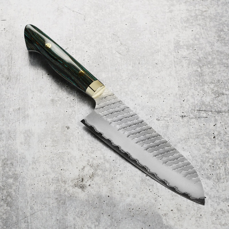 Nigara SG2 Migaki Tsuchime 7″ Santoku, Striped Turquoise