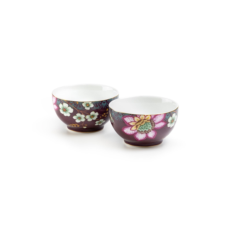 Peacock Lotus Garden Plum Blossom Fine Porcelain Tidbit Bowls Set of 2
