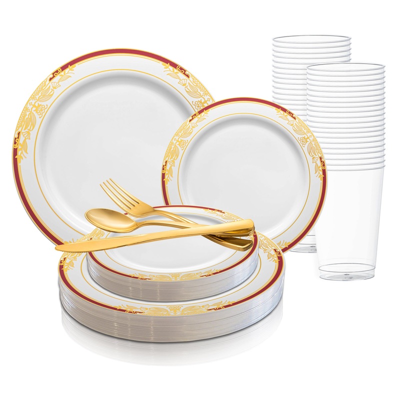 White with Burgundy and Gold Harmony Rim Plastic Wedding Value Set